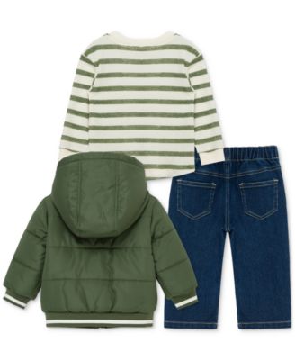 Baby Boys Hooded Jacket, Striped T-Shirt & Denim Pants, 3 Piece Set