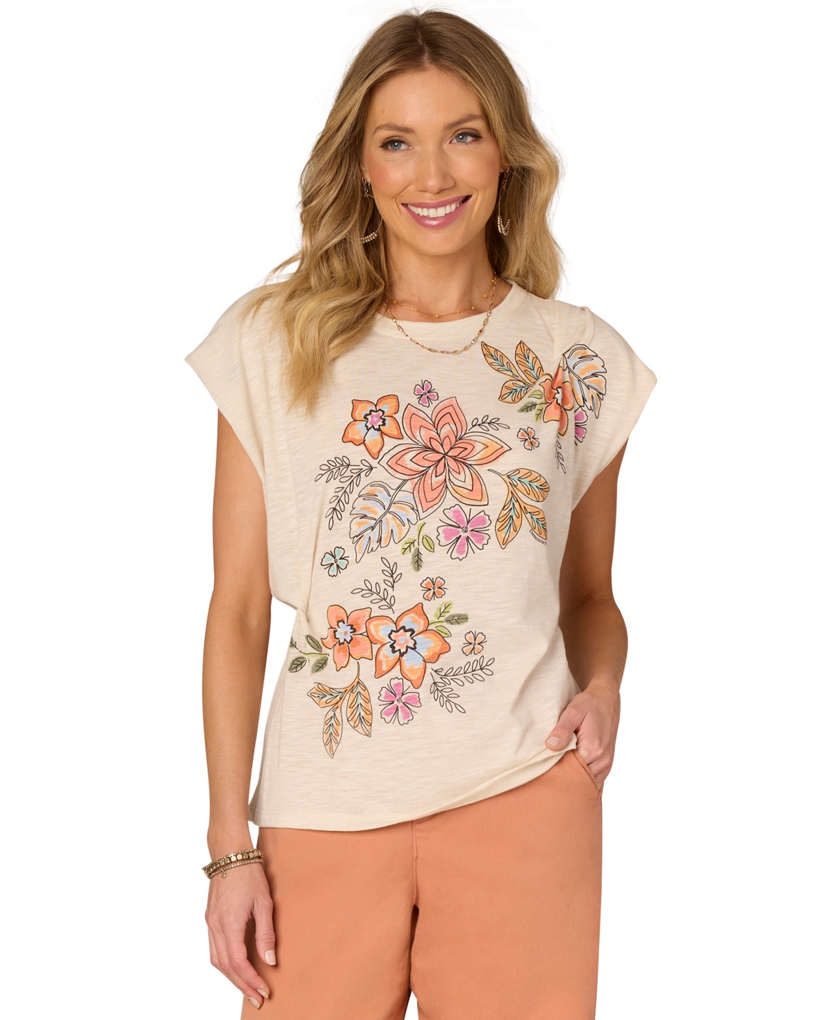 Petite Twisted-Sleeve Asymmetric Graphic Tee - Blanched Almond