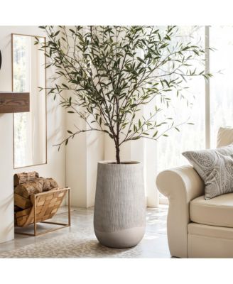 Blended Tan with Wood Pattern Round Tapered 27-Inch Tall MgO Planter, Indoor and Outdoor