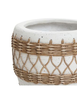 Boho White with Brown Accents 12.2-Inch Round MgO Planter