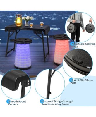 3 Pieces Folding Camping Table Stool Set with 2 Retractable LED Stools