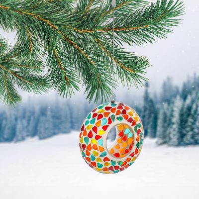 Outdoor Garden Patio Round Glass with Mosaic Design Hanging Fly-Through Bird Feeder - 6"