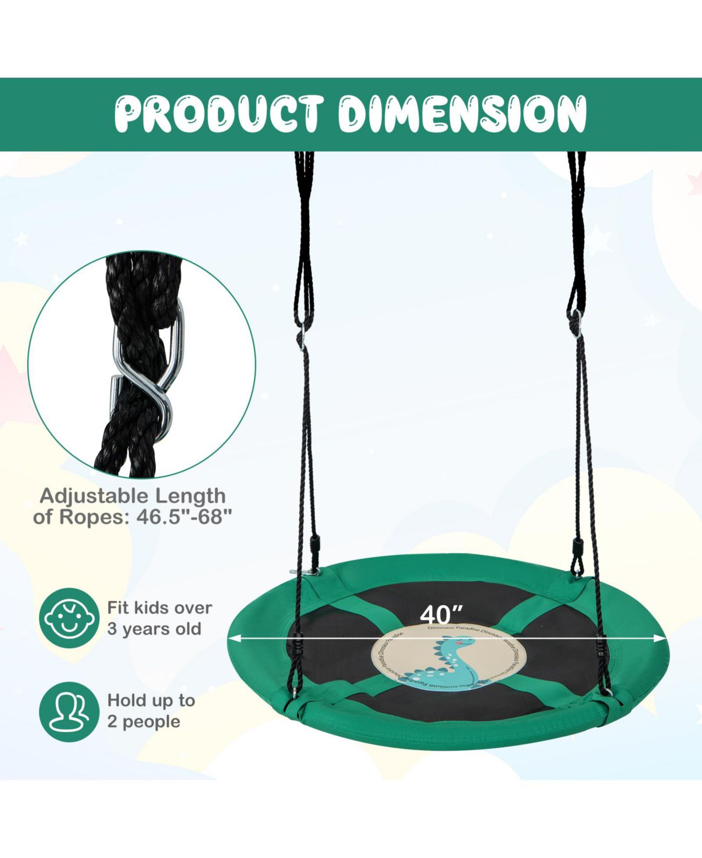 Детская игрушка Mecale 40 Inches Saucer Tree Swing Round with Adjustable Ropes and Carabiners, цвет: Зелёный — фото 2