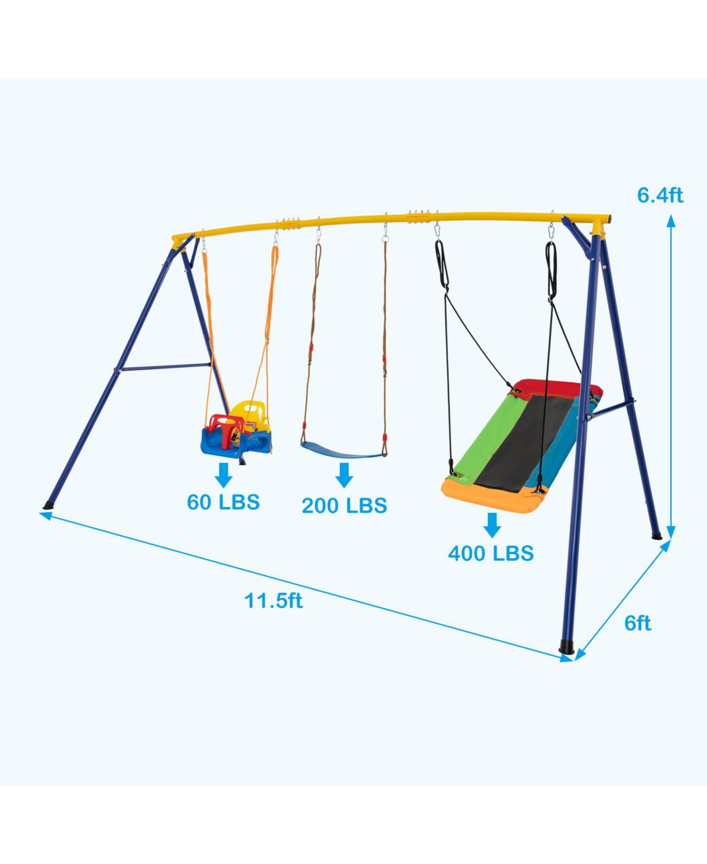 Детская игрушка Mecale 660 LBS Heavy Duty Carbon Steel Swing Frame with 3 Swings, цвет: Синий — фото 2