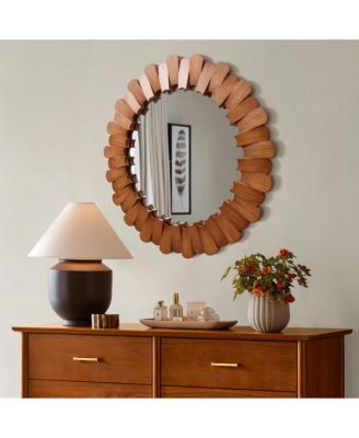Pine Wood Frame 35-Inch Round Wall Mirror