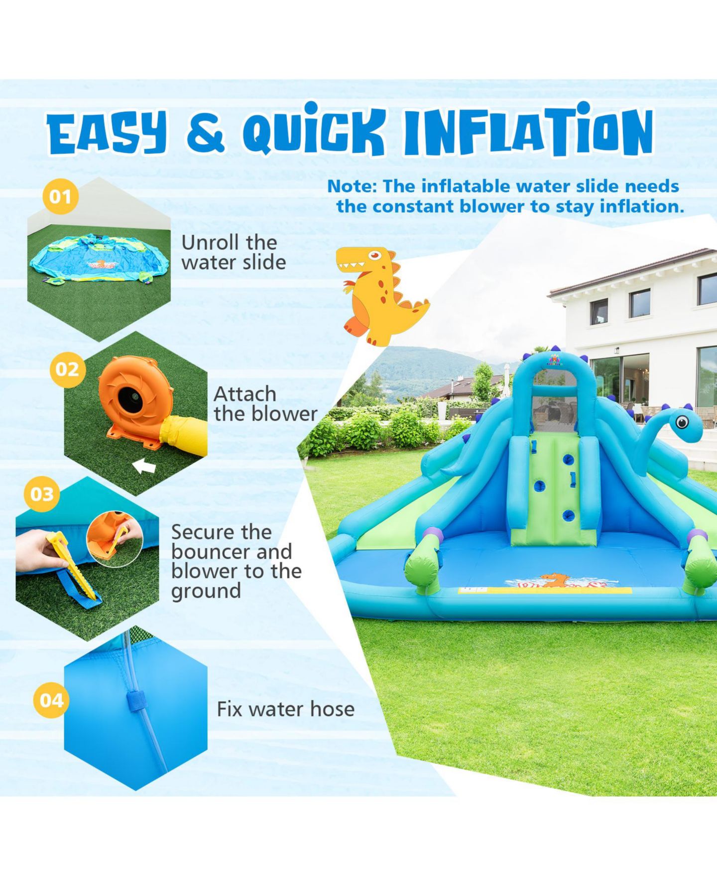 Детские игрушки Mecale Dinosaur-Themed Dual Slides Inflatable Water Slide, Ages 3-10, цвет: Синий — фото 6