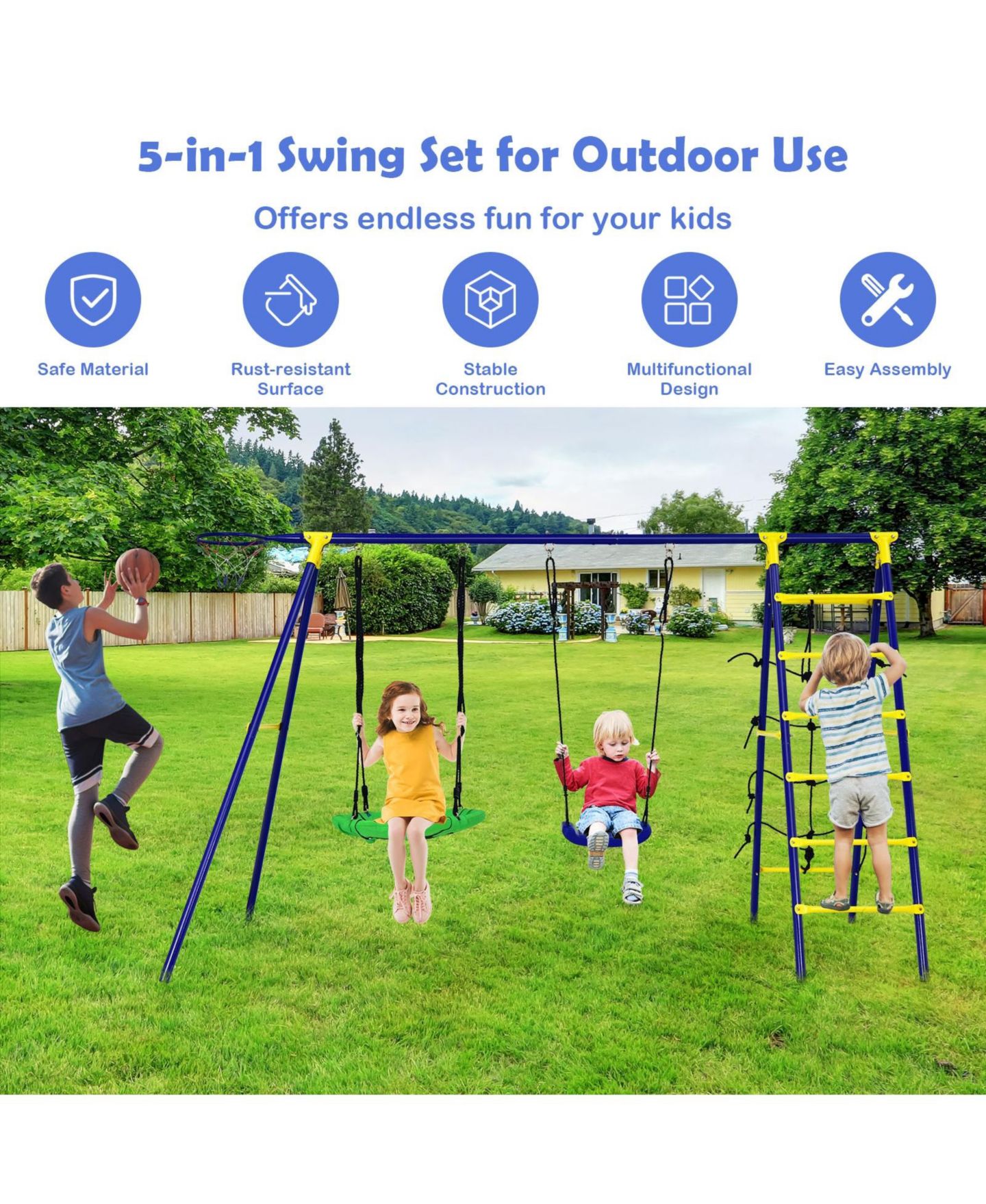 Детские игрушки Mecale 5-in-1 Metal Swing Set with Adjustable Swings, Basketball Hoop & Climbing Ladder, Ages 4+, цвет: Синий — фото 7