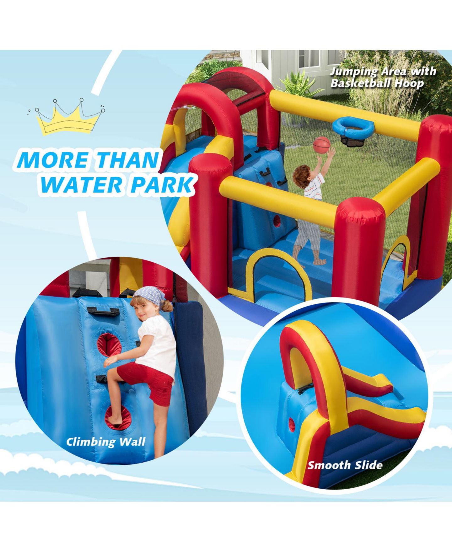 Детские игрушки Mecale 7 in 1 Outdoor Inflatable Bounce House with Water Slides and Splash Pools with 735W Blower, цвет: Синий — фото 5