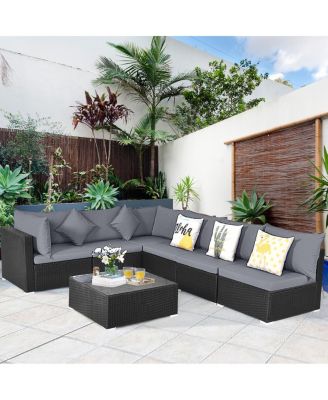 7 Pieces Sectional Wicker Furniture Sofa Set with Tempered Glass Top Coffee Table