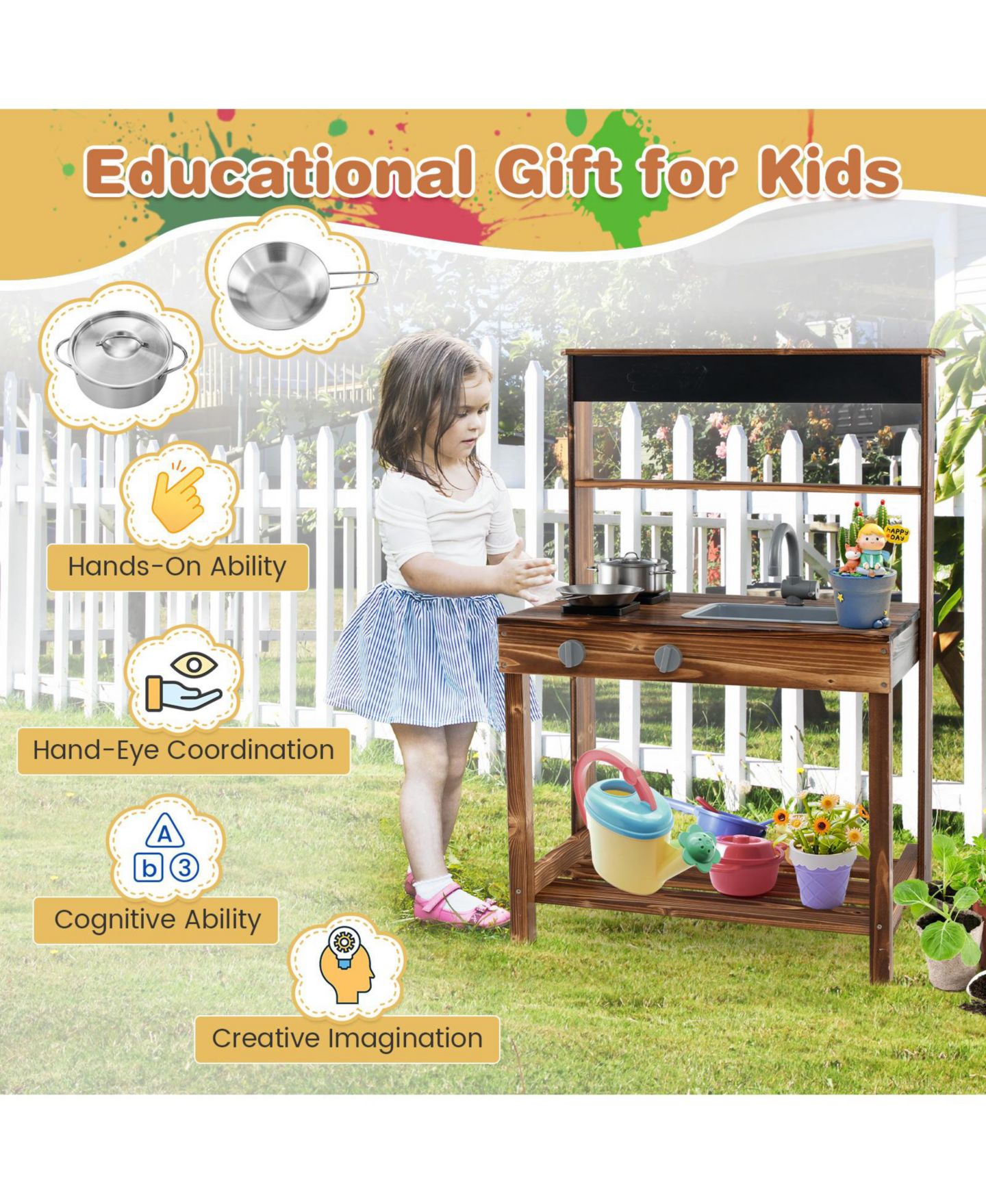 Детская игрушка Mecale Wooden Mud Kitchen with Rotatable Faucet, Ages 3+, цвет: Коричневый — фото 5