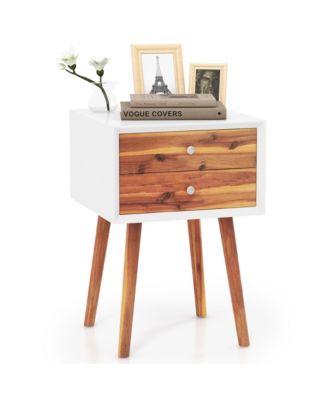 2PCS Wooden Nightstand Mid-Century End Side Table W/2 Storage Drawers