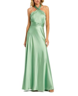 Women's Ruched Halter Neck Tie Back Satin Gown