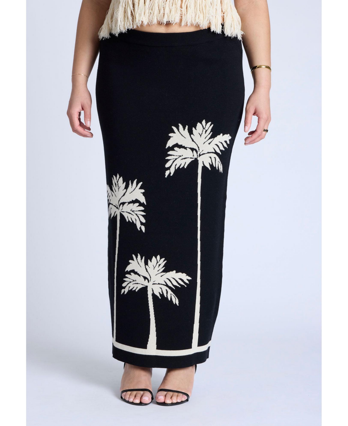 Plus Size Intarsia Column Skirt - Black white palm print
