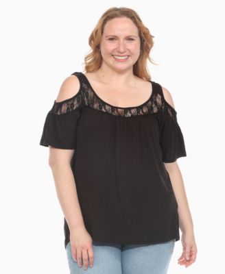 Plus Size Cold Shoulder Lace Trim Knit Top