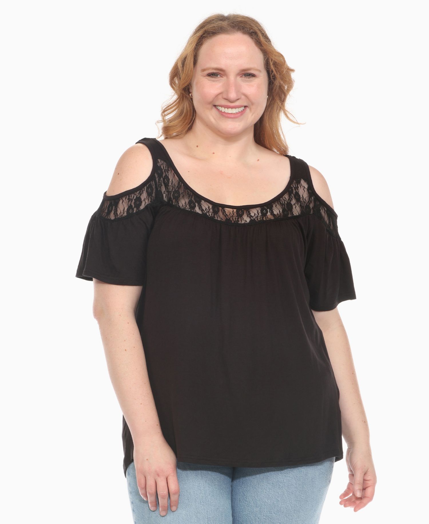 Plus Size Cold Shoulder Lace Trim Knit Top