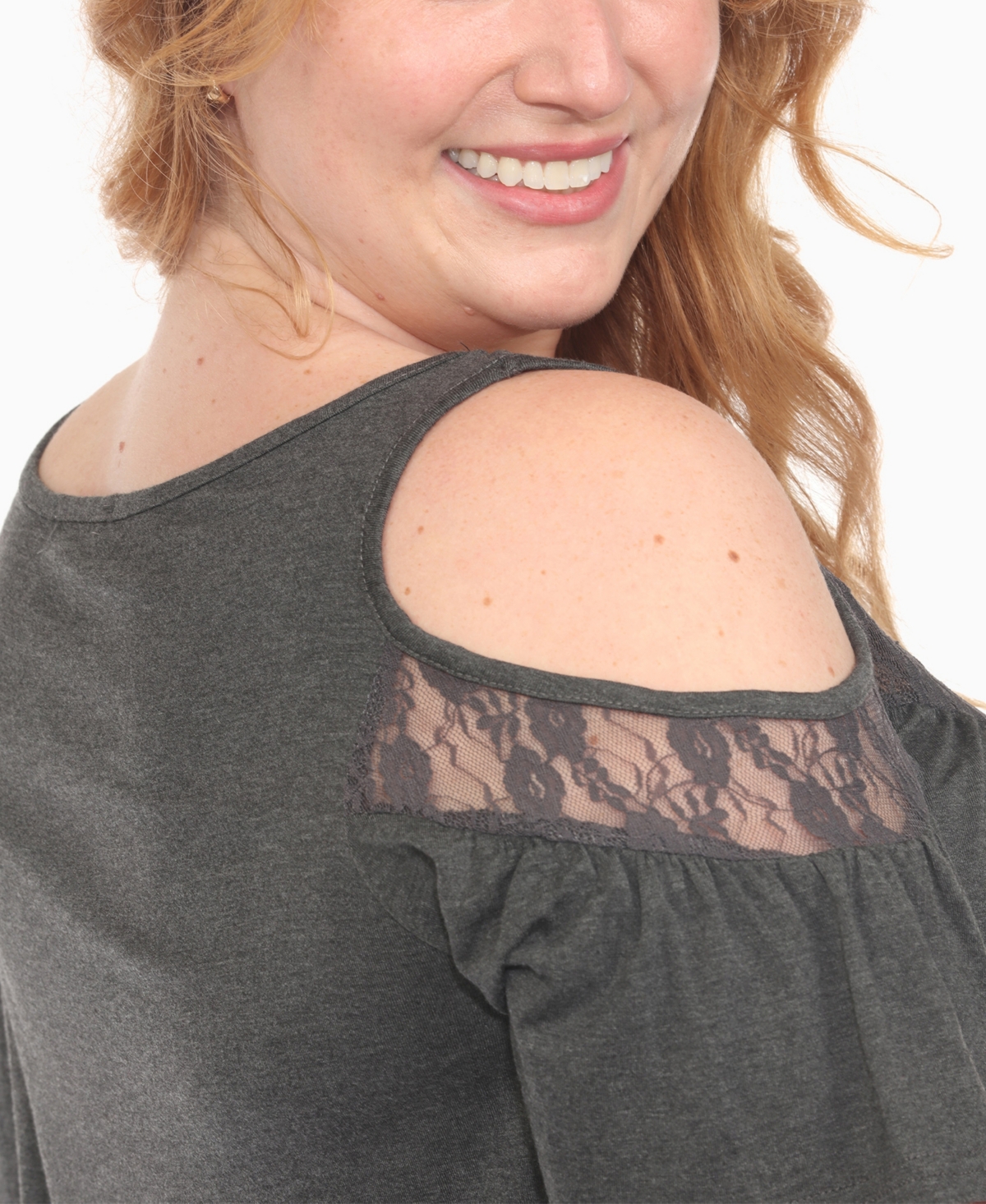 White Mark Plus Size Cold Shoulder Lace Trim Knit Top