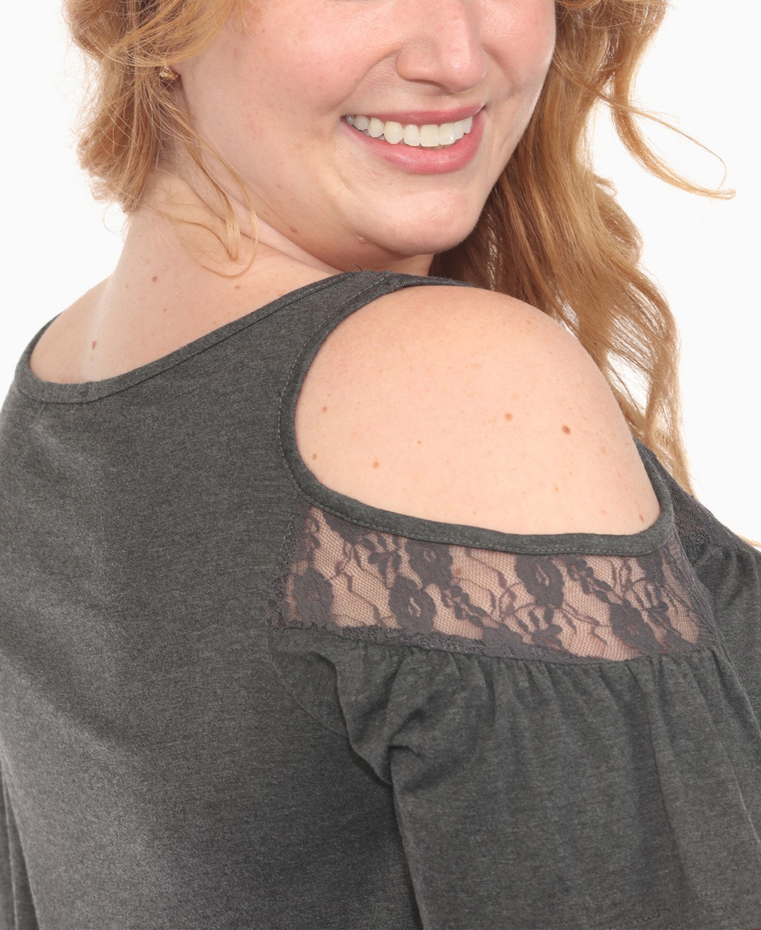 Plus Size Cold Shoulder Lace Trim Knit Top