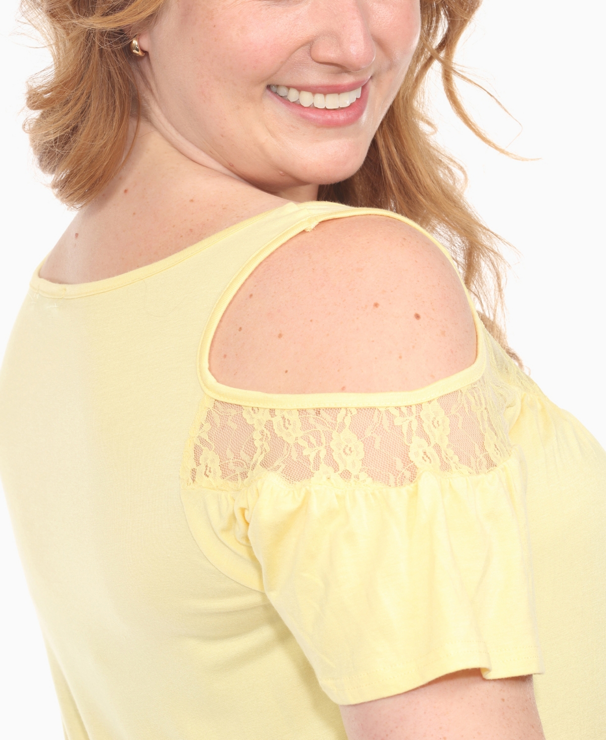 White Mark Plus Size Cold Shoulder Lace Trim Knit Top