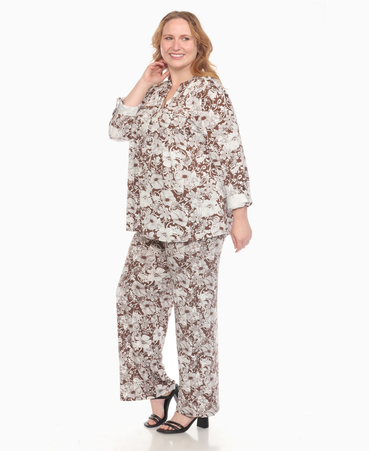 White Mark Plus Size 2-piece Floral Print Tunic Top And Pants Set