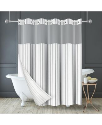 72x75 Hookless Shower Curtain - Abstract Grey Lines Shower Curtain with Sheer Panel, Snap-In Liner, and Grommets - 100% Polyester