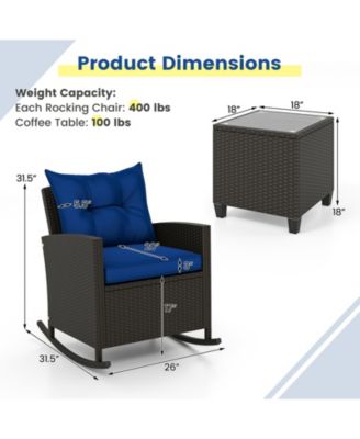 3-Piece Patio Rattan Roker Chairs with Tempered Glass Table and Soft Cushions