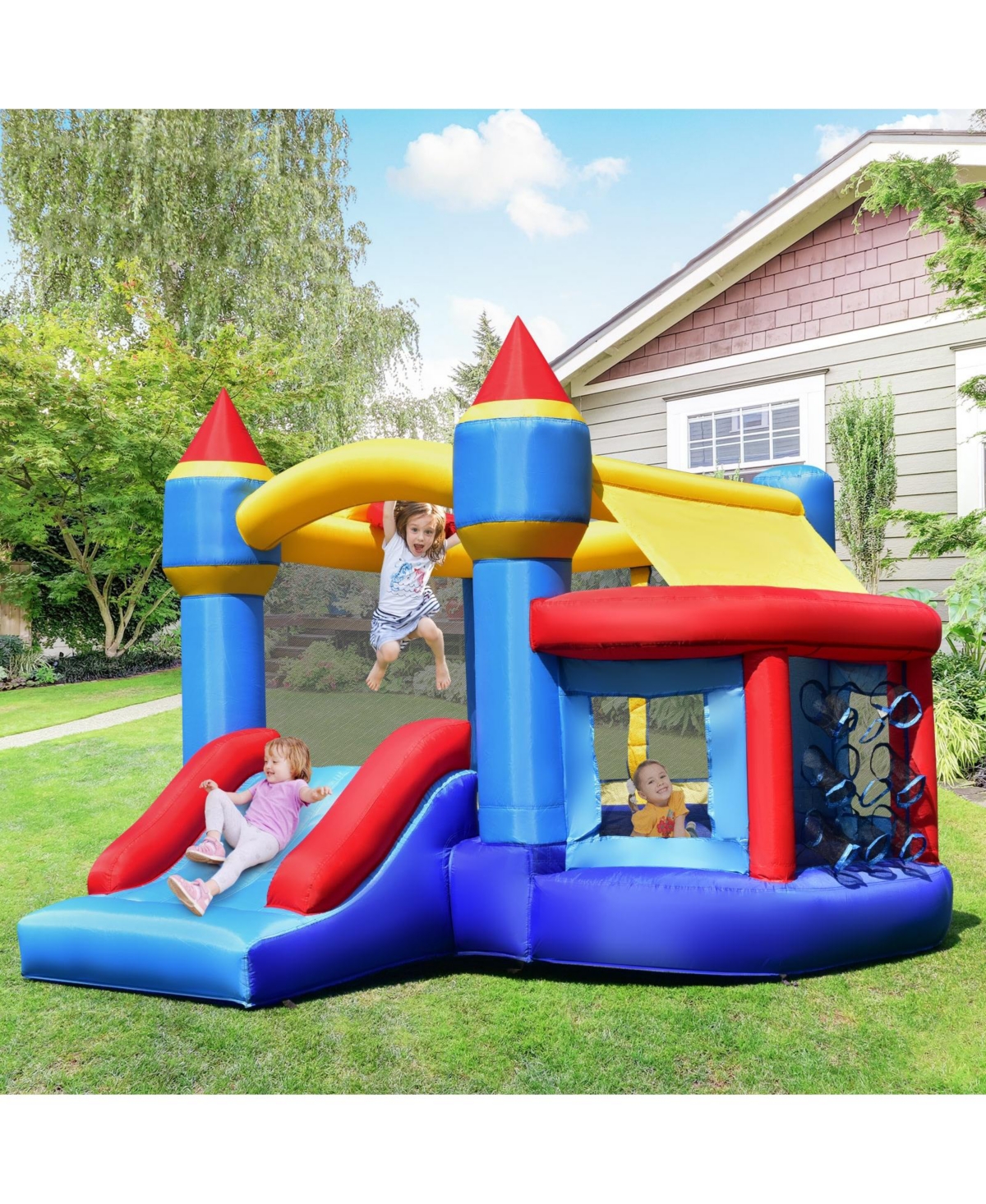 Castle Slide Inflatable Bounce House with Ball Pit and Basketball Hoop