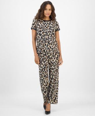 Petite Back-Button Animal-Print Top