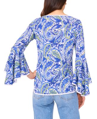 Women's Printed Crewneck 3/4-Bell-Sleeve Blouse