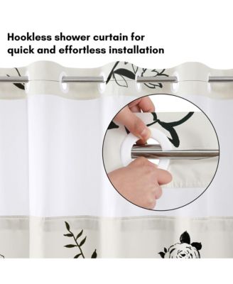 72x75 Hookless Shower Curtain - Floral Cream and Black Shower Curtain with Sheer Panel, Snap-In Liner, and Grommets - 100% Polyester