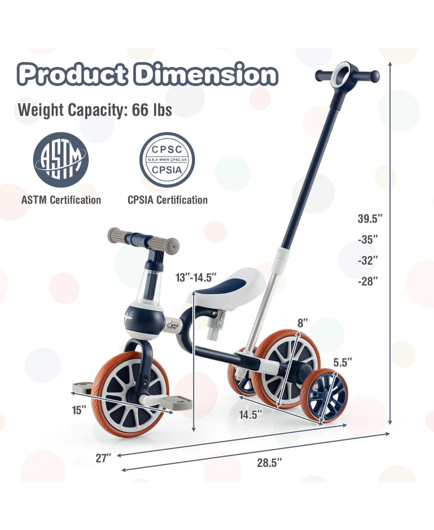 Детская игрушка Mecale 4-in-1 Kids Trike Bike, 28.5"L x 14.5"W, with Adjustable Parent Push Handle, Ages 2-4, цвет: Синий — фото 3