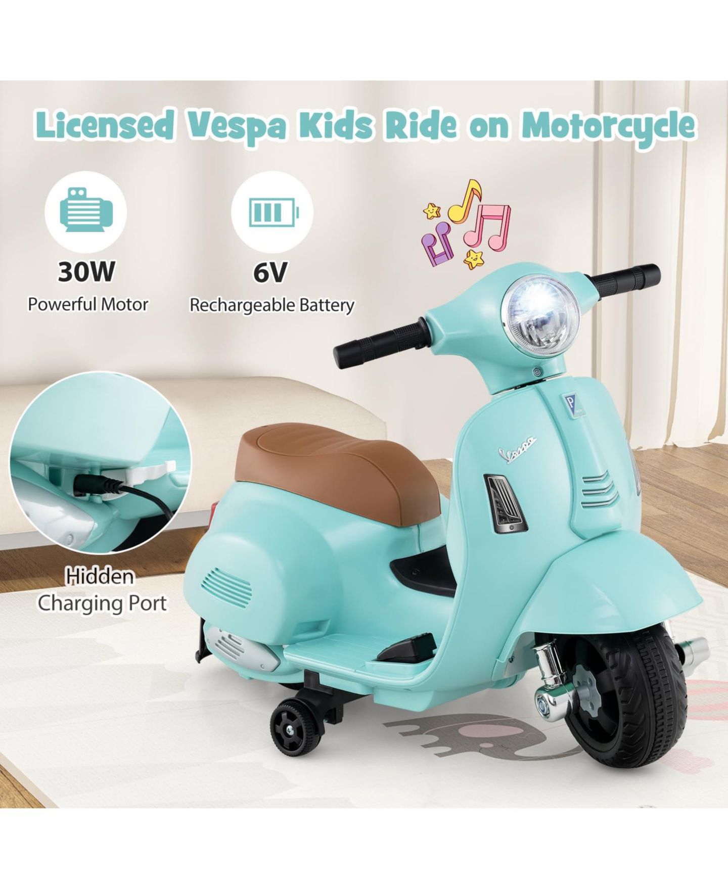Детская игрушка Mecale Vespa Kids Ride-On Motorcycle with LED Headlight, Horn, and Training Wheels, Ages 18-36 Months, цвет: Синий — фото 6