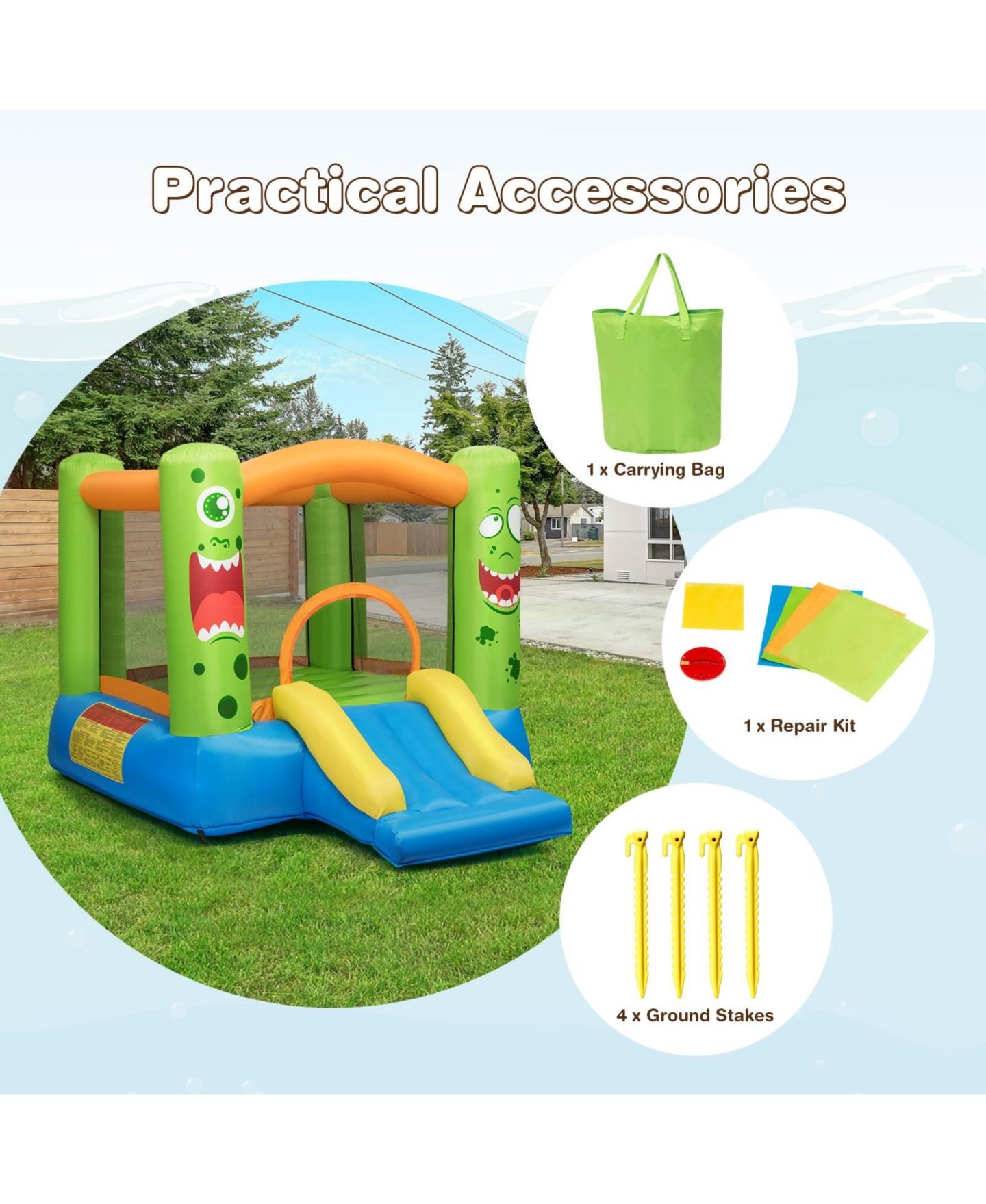 Детская игрушка Mecale Inflatable Bounce House with Slide, 110"L x 83"W x 67"H, Ages 3-10, цвет: Зелёный — фото 7