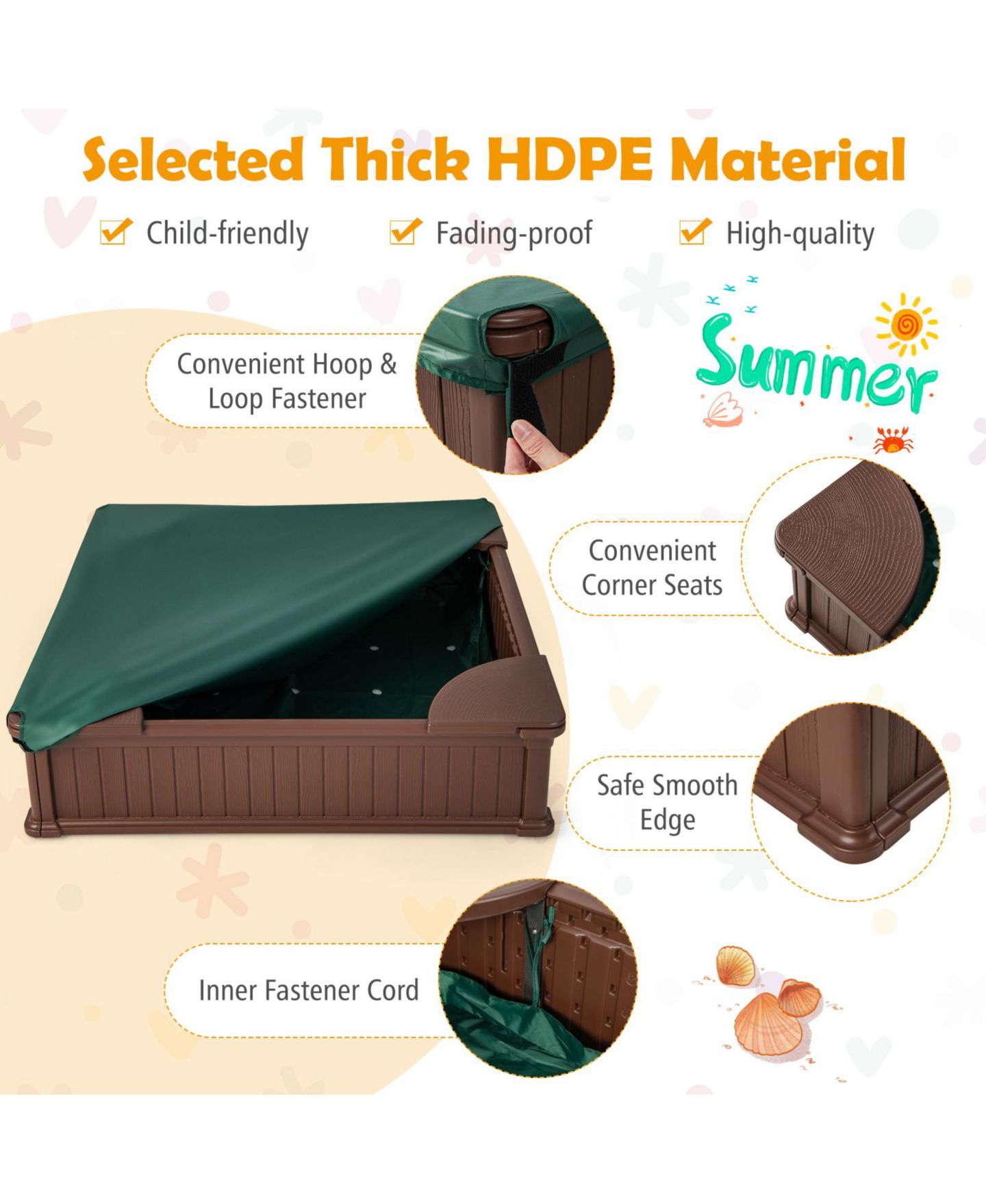 Детская игрушка Mecale Kids Outdoor Sandbox with Oxford Cover and 4 Corner Seats, цвет: Коричневый — фото 4