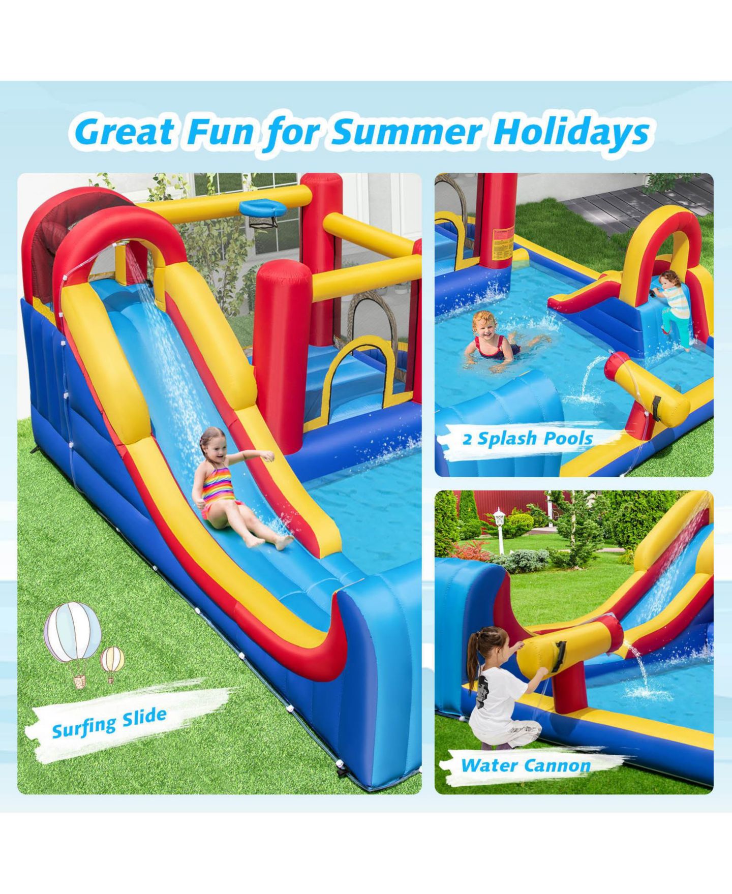 Детские игрушки Mecale 7 in 1 Outdoor Inflatable Bounce House with Water Slides and Splash Pools with 950W Blower, цвет: Синий — фото 7