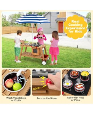 Wooden Play Cart with Sun Proof Umbrella for Toddlers Over 3 Years Old