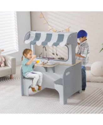 Double Sided Kids Pretend Kitchen Playset with 2-Seat Cafe