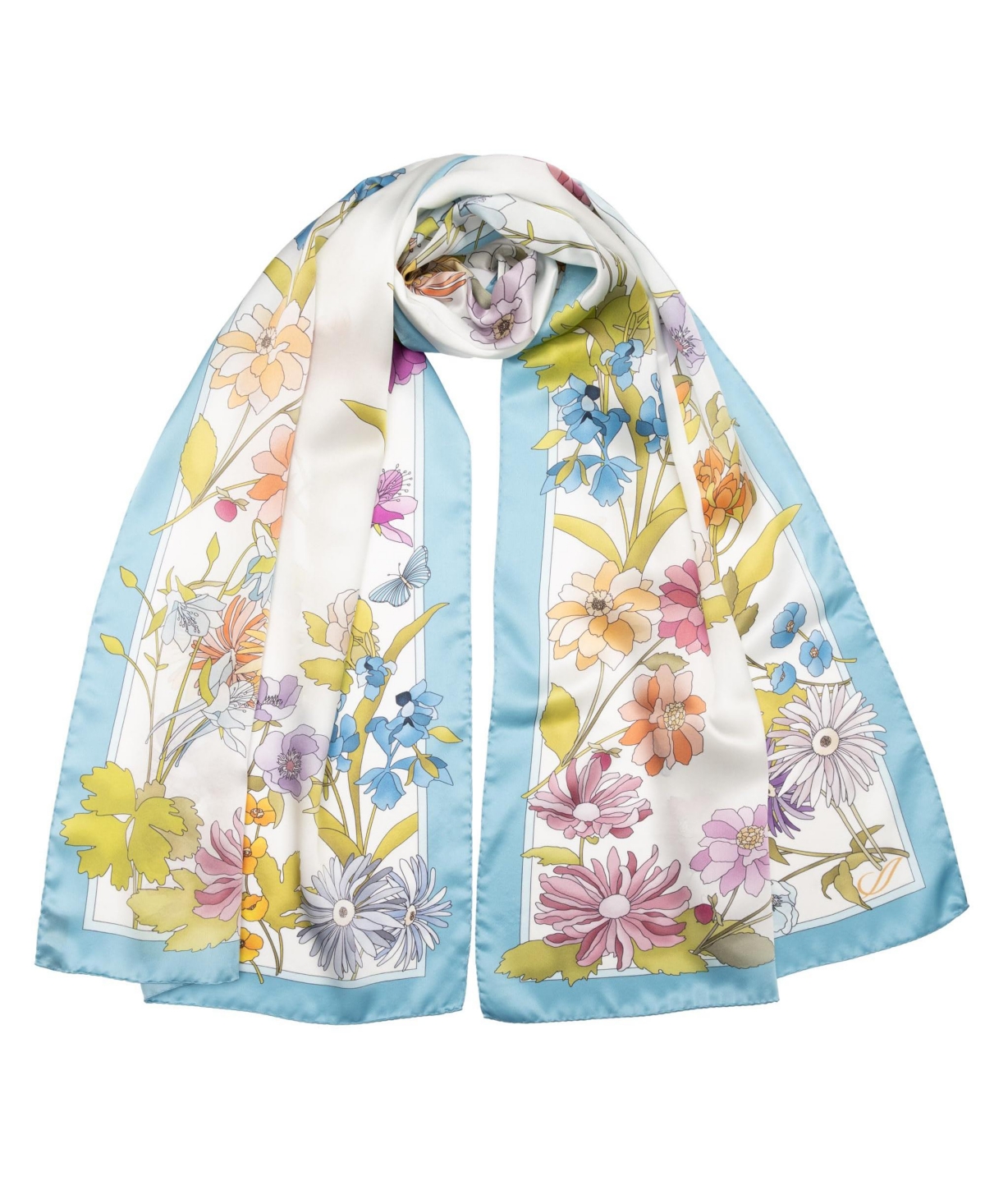 Bouquet - Long Satin Silk Scarf for Women - Sky blue