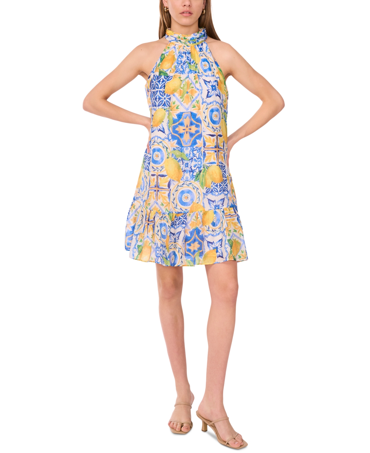Women's Printed Halter-Neck Ruffle Dress - Ivory Multi
