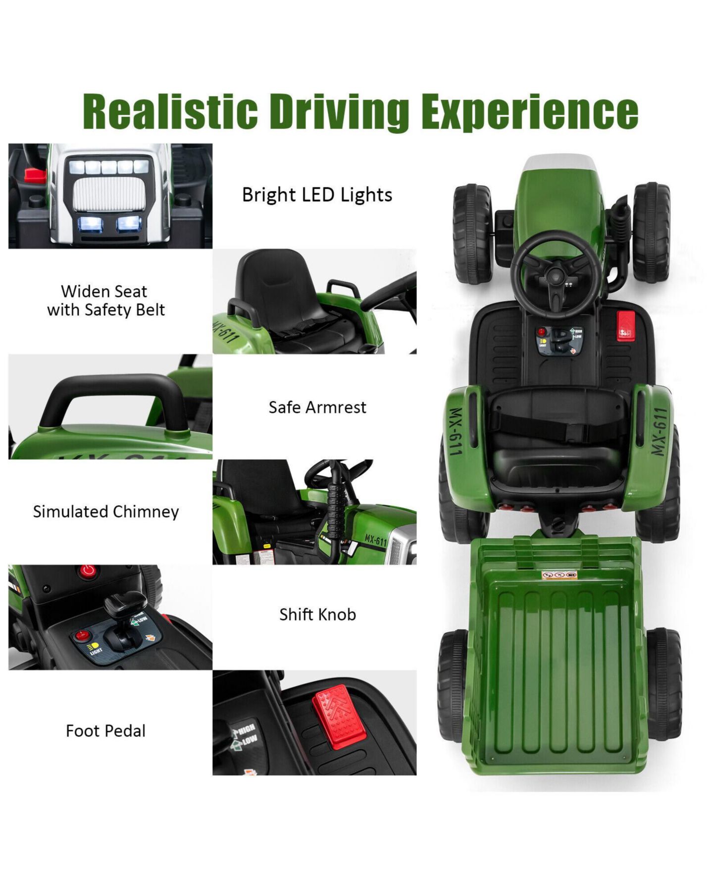 Детская игрушка Mecale 12V Ride on Tractor with 3-Gear-Shift Ground Loader for Kids 3+ Years Old, цвет: Зелёный — фото 7