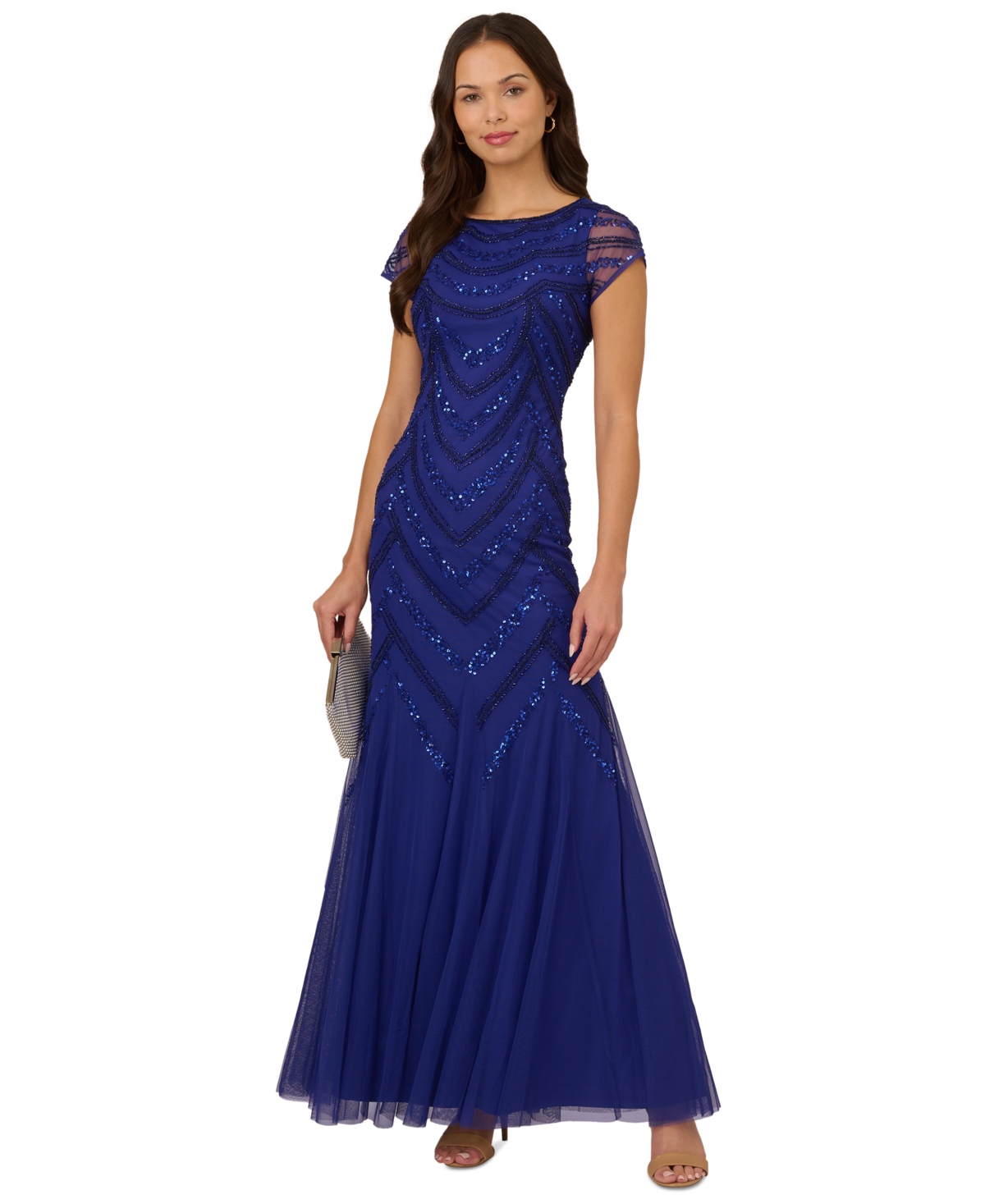ADRIANNA PAPELL EMBELLISHED GODET-INSET GOWN 