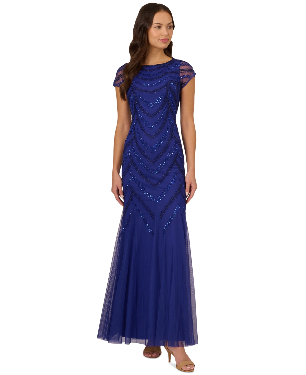 ADRIANNA PAPELL EMBELLISHED GODET-INSET GOWN 