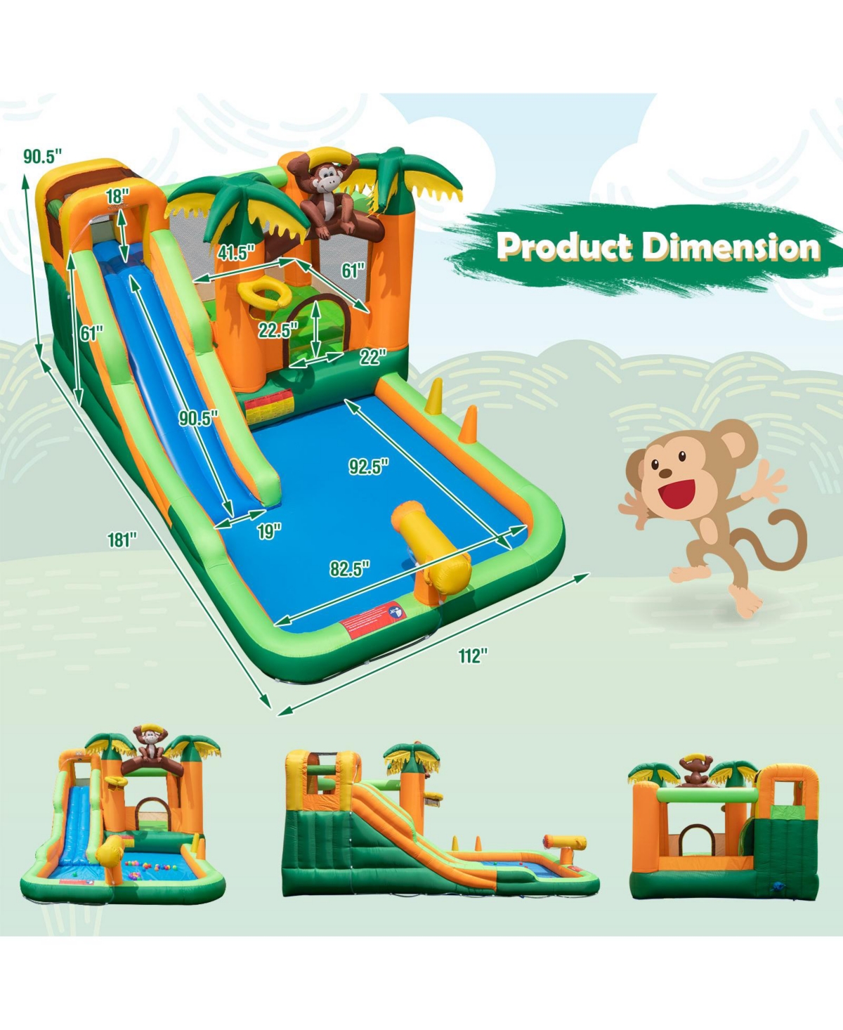 Monkey-Themed Inflatable Bounce House with Slide without Blower