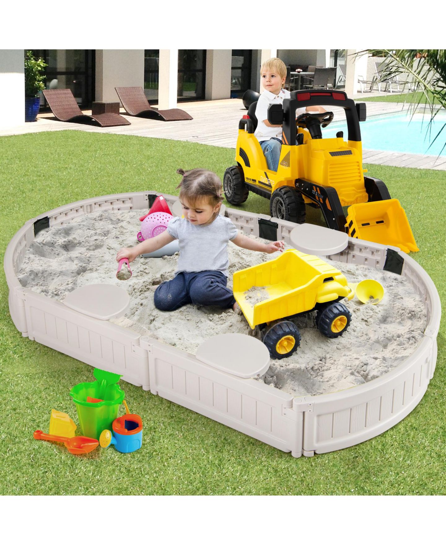 Детская игрушка Mecale 6 Feet Kids Oval Sandbox with Built-in Corner Seat and Bottom Liner, цвет: Белый — фото 8