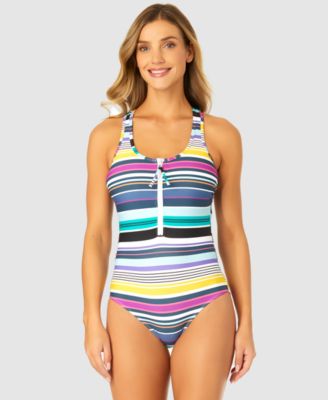 Women's Barcode Stripe Zip-Front Racerback One-Piece Swimsuit