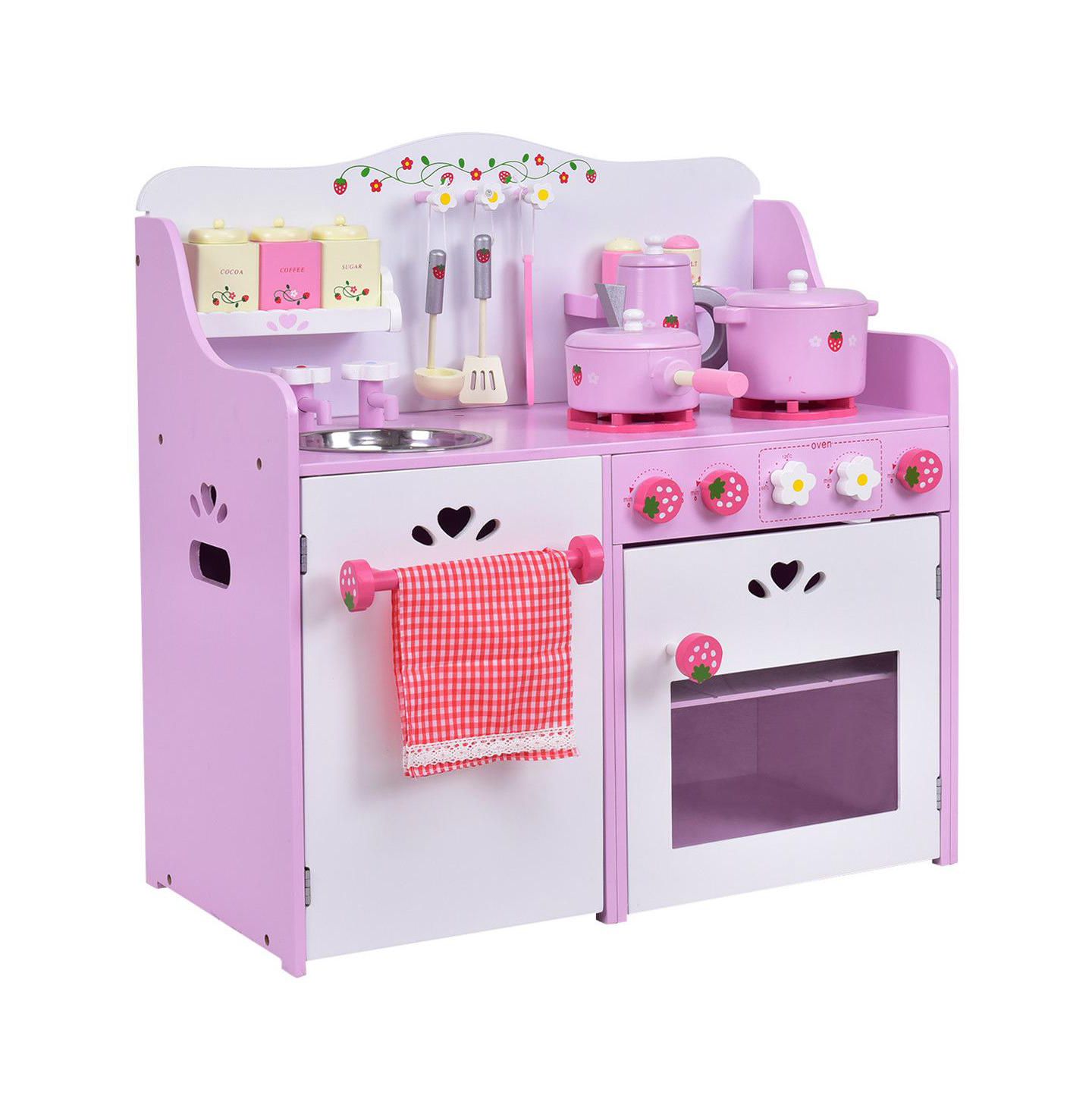 Детский игровой набор Mecale Strawberry Wooden Play Kitchen Playset, Ages 3+, цвет: Розовый — фото 1