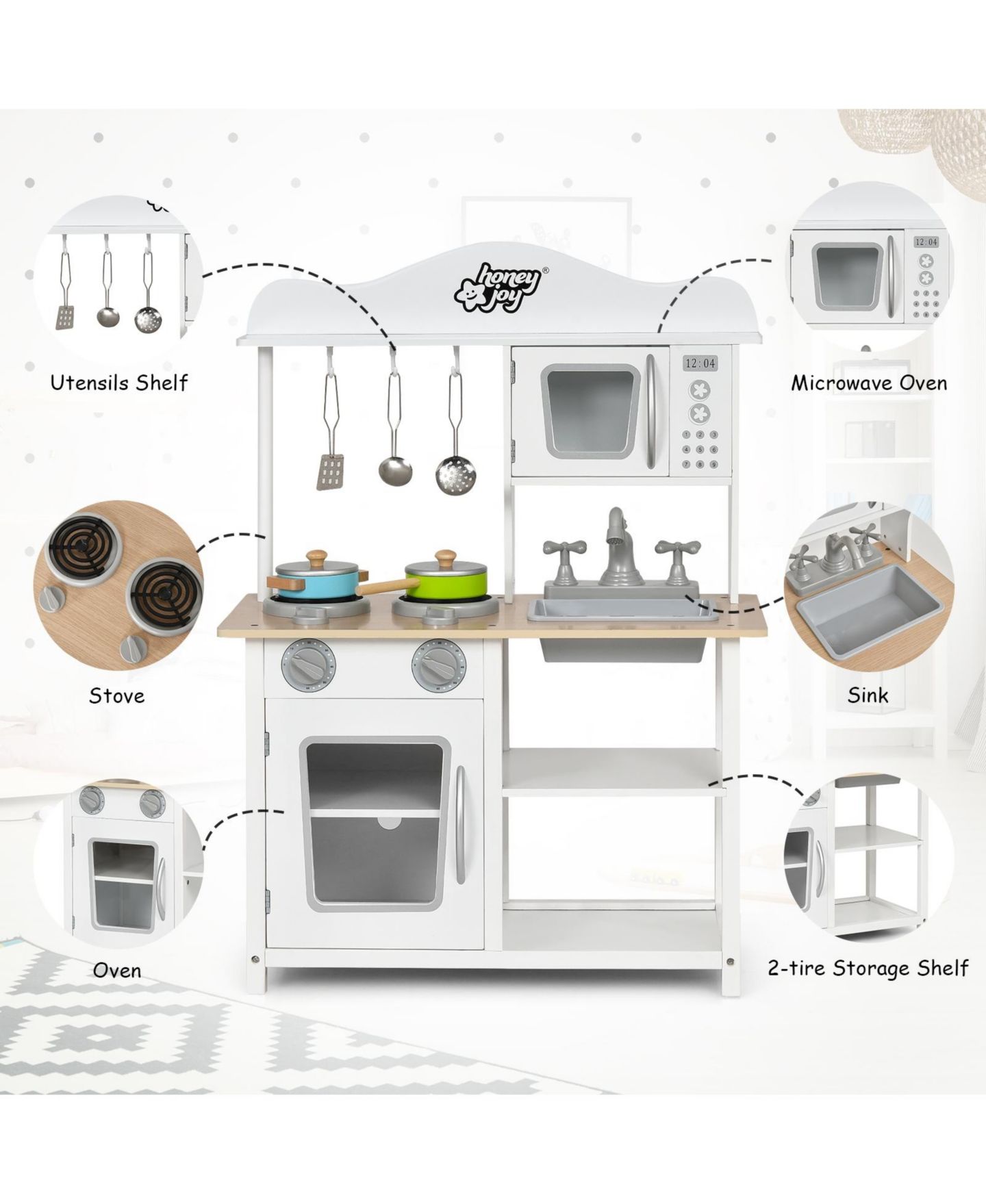 Детские игрушки Mecale Wooden Sound and Light Effects 6-Piece Kitchen Set, Ages 3+, цвет: Белый — фото 9