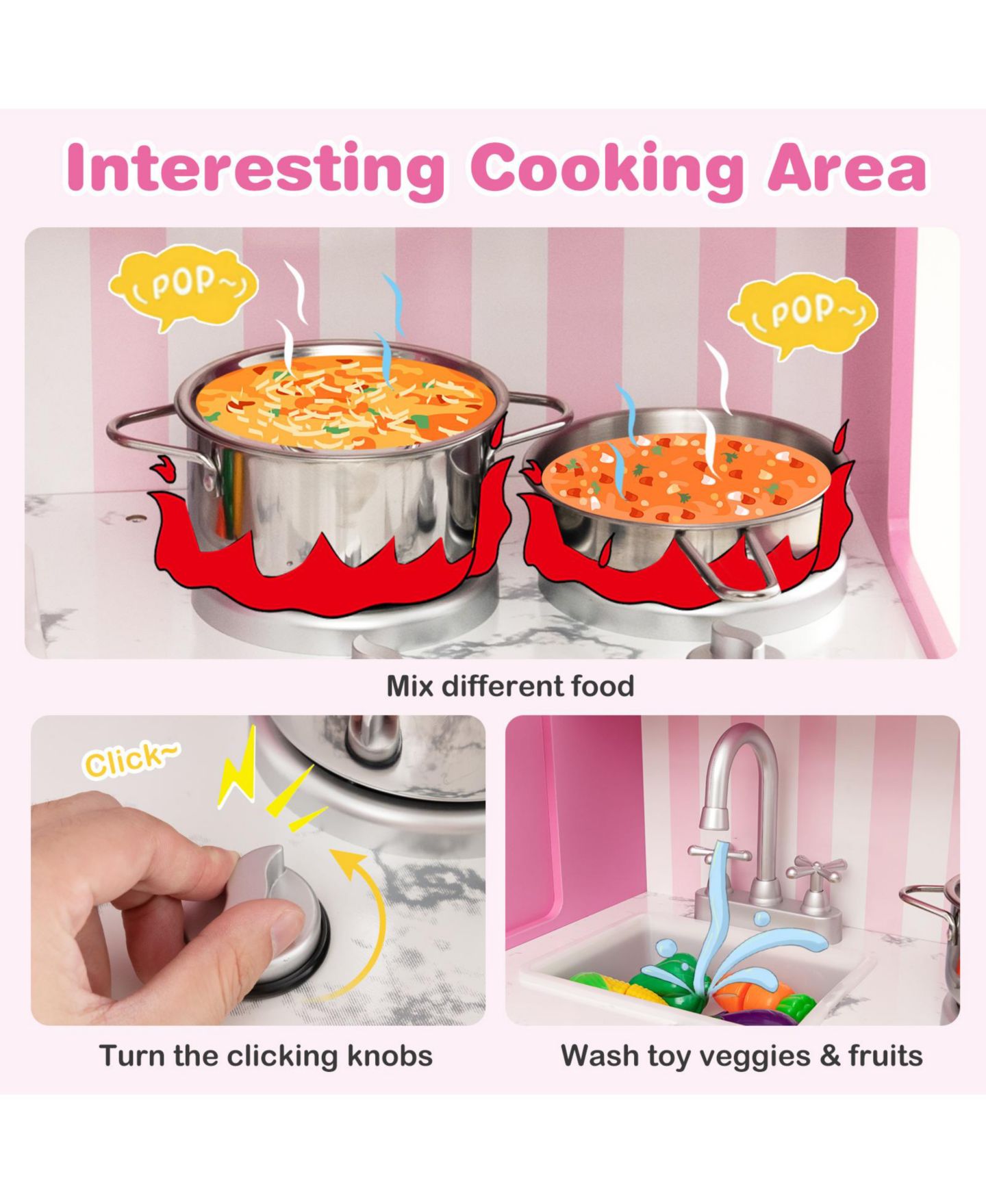 Детский игровой набор Mecale Adjustable LED Lights 16-Piece Wooden Kitchen Playset, Ages 3+, цвет: Розовый — фото 8