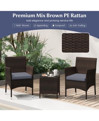 3 Pieces Outdoor Conversation Set with Cushioned Seat and Glass Tabletop