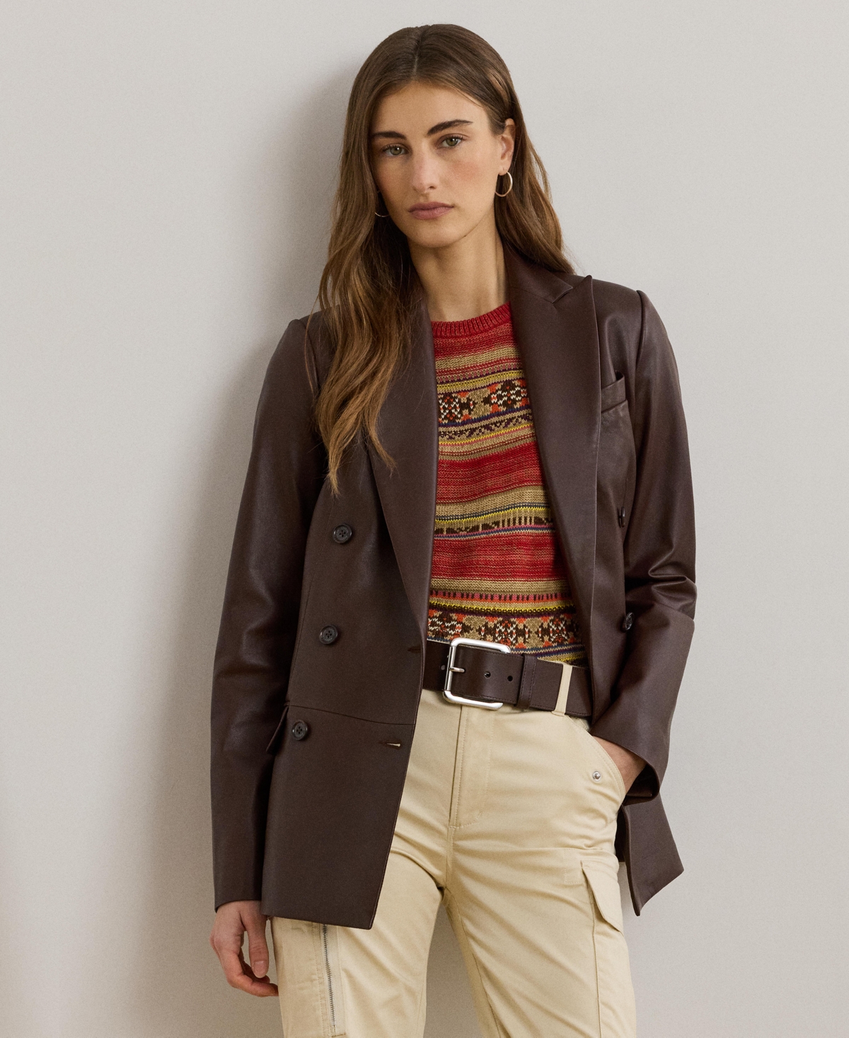 Women's Double-Breasted Lambskin Blazer - Dark Hickory
