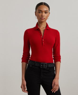 Lauren Ralph Lauren - Women's Rib-Knit Three-Quarter-Sleeve Polo Shirt